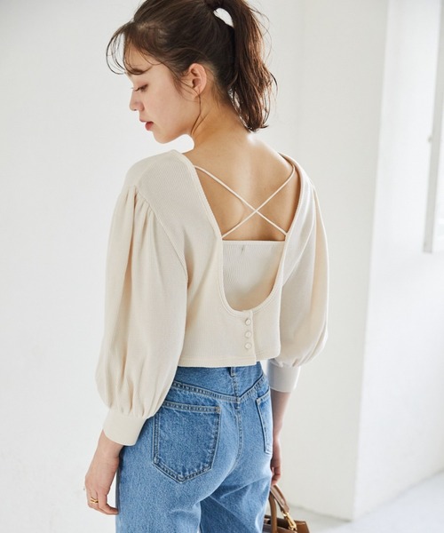 Heather(ヘザー)の「ワッフルカットソー&リブキャミソールSET(7分袖) 942103(Tシャツ/カットソー・レディース・ホワイト/ブラック/ブルー・FREE)」の2枚目の写真