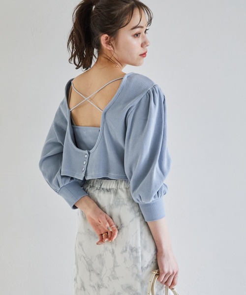 Heather(ヘザー)の「ワッフルカットソー&リブキャミソールSET(7分袖) 942103(Tシャツ/カットソー・レディース・ホワイト/ブラック/ブルー・FREE)」の3枚目の写真