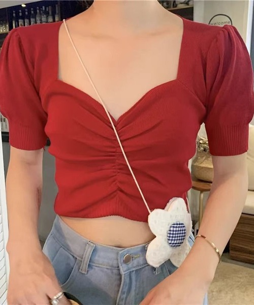 Jasmine Grandiflorum（ジャスミングランディフローラム）の「【Jasmine】ハートネックミニ丈ニットトップス (SS)（ニット/セーター・レディース・ピンク/パープル/レッド/ホワイト/ベージュ/イエロー/ブラック/スモークピンク・FREE）」の8枚目の写真