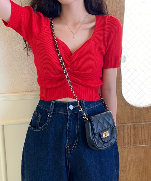 Jasmine Grandiflorum（ジャスミングランディフローラム）の「【Jasmine】ハートネックミニ丈ニットトップス (SS)（ニット/セーター・レディース・ピンク/パープル/レッド/ホワイト/ベージュ/イエロー/ブラック/スモークピンク・FREE）」の9枚目の写真