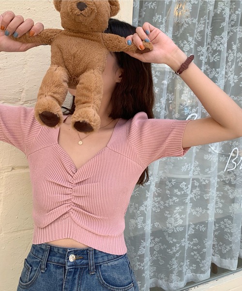 Jasmine Grandiflorum（ジャスミングランディフローラム）の「【Jasmine】ハートネックミニ丈ニットトップス (SS)（ニット/セーター・レディース・ピンク/パープル/レッド/ホワイト/ベージュ/イエロー/ブラック/スモークピンク・FREE）」の16枚目の写真