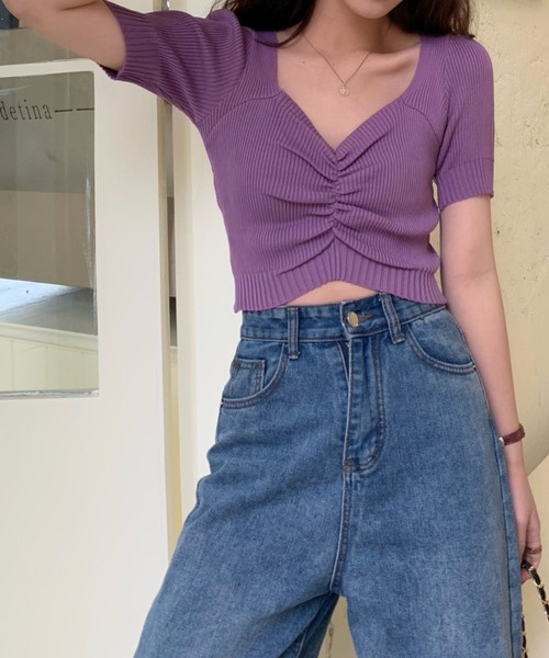 Jasmine Grandiflorum（ジャスミングランディフローラム）の「【Jasmine】ハートネックミニ丈ニットトップス (SS)（ニット/セーター・レディース・ピンク/パープル/レッド/ホワイト/ベージュ/イエロー/ブラック/スモークピンク・FREE）」の12枚目の写真