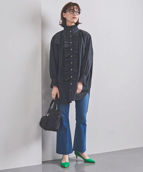 dahl'ia（ダリア）の「別注＜dahl’ia（ダリア）＞フリル ロング シャツ（シャツ/ブラウス・レディース・ネイビー/ホワイト・FREE）」の2枚目の写真