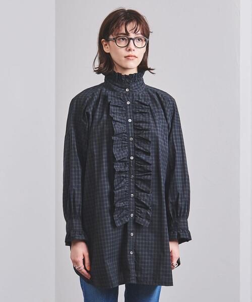 dahl'ia（ダリア）の「別注＜dahl’ia（ダリア）＞フリル ロング シャツ（シャツ/ブラウス・レディース・ネイビー/ホワイト・FREE）」の8枚目の写真