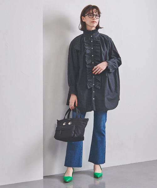 dahl'ia（ダリア）の「別注＜dahl’ia（ダリア）＞フリル ロング シャツ（シャツ/ブラウス・レディース・ネイビー/ホワイト・FREE）」の3枚目の写真