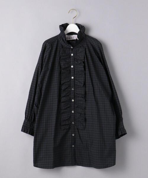 dahl'ia（ダリア）の「別注＜dahl’ia（ダリア）＞フリル ロング シャツ（シャツ/ブラウス・レディース・ネイビー/ホワイト・FREE）」の5枚目の写真