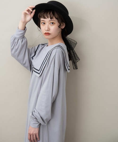 MERLOT（メルロー）の「スクエアラインBIGセーラーカラーワンピース（ワンピース・レディース・ライトグレー/ネイビー/ボルドー・FREE）」の8枚目の写真