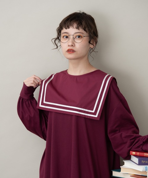 MERLOT（メルロー）の「スクエアラインBIGセーラーカラーワンピース（ワンピース・レディース・ライトグレー/ネイビー/ボルドー・FREE）」の20枚目の写真