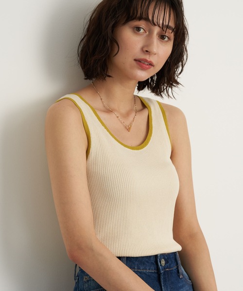 earth music&ecology（アースミュージックアンドエコロジー）の「配色ニットタンクトップ ＊（タンクトップ・レディース・ブラック/オレンジ/グリーン/アイボリー・FREE）」の2枚目の写真