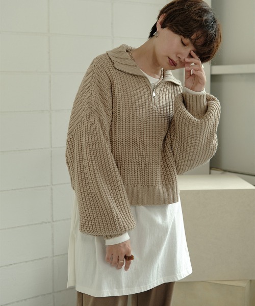 Bab（バブ）の「ジップアップクロップドバルキーニット（ニット/セーター・レディース・ブラック/ブラウン/グレー系その他・M）」の2枚目の写真