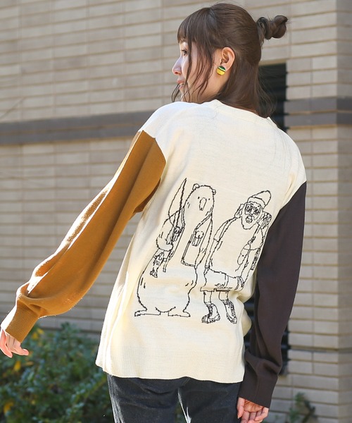 チチカカ(チチカカ)の「【ユニセックス】おじさん&クマニットプルオーバー(ニット/セーター・メンズ・チャコールグレー/カラフル・MEDIUM/LARGE)」の2枚目の写真