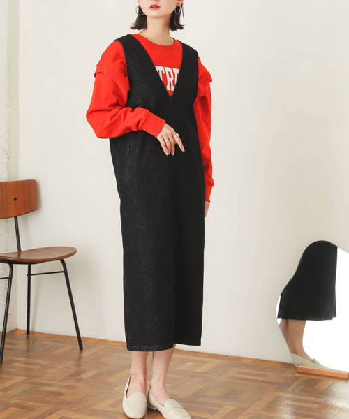 SENSE OF PLACE by URBAN RESEARCH（センスオブプレイスバイアーバンリサーチ）の「Vネックデニムジャンパースカート（ジャンパースカート・レディース・アイボリー/ブラック/ワンウォッシュ・ONE）」の20枚目の写真