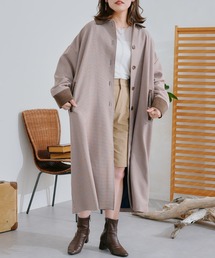 襟配色先染めチェックステンカラーコート
