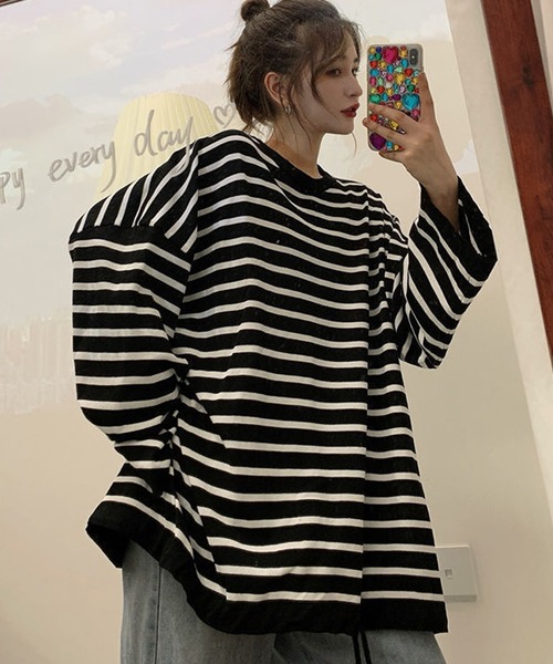 DEVICE(デバイス)の「ボリュームスリーブ ビッグシルエットボーダースウェット トレーナー(スウェット・レディース・ホワイト/ブラック・FREE)」の1枚目の写真