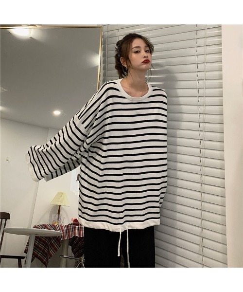 DEVICE(デバイス)の「ボリュームスリーブ ビッグシルエットボーダースウェット トレーナー(スウェット・レディース・ホワイト/ブラック・FREE)」の10枚目の写真