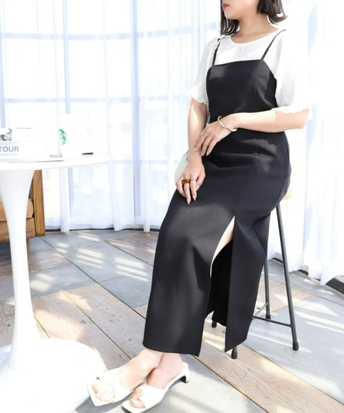 moment+（モーメントプラス）の「カットジョーゼットスリットキャミワンピース（ワンピース・レディース・ブラック/アイボリー/グレイッシュベージュ/ブラウン/チャコールグレー・S/M/L）」の7枚目の写真