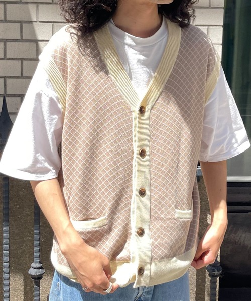 CPCM（シーピーシーエム）の「綿麻チェック柄カーデベスト（ニット/セーター・メンズ・ベージュ/グリーン/ネイビー・FREE）」の2枚目の写真