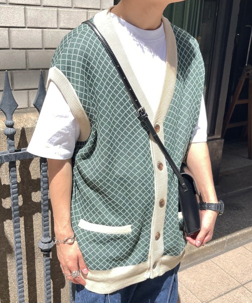 CPCM（シーピーシーエム）の「綿麻チェック柄カーデベスト（ニット/セーター・メンズ・ベージュ/グリーン/ネイビー・FREE）」の3枚目の写真