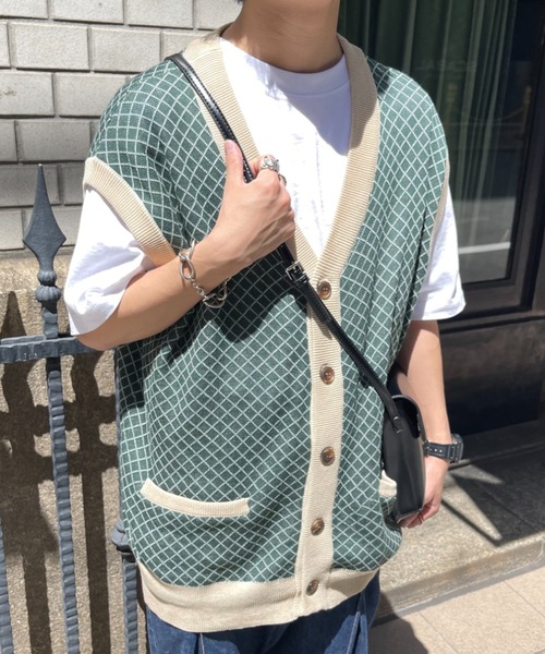 CPCM（シーピーシーエム）の「綿麻チェック柄カーデベスト（ニット/セーター・メンズ・ベージュ/グリーン/ネイビー・FREE）」の5枚目の写真