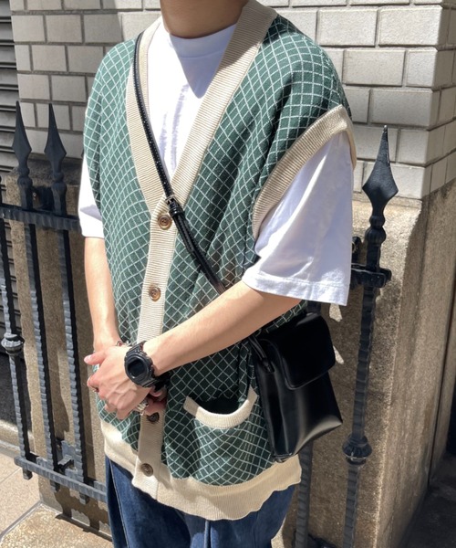 CPCM（シーピーシーエム）の「綿麻チェック柄カーデベスト（ニット/セーター・メンズ・ベージュ/グリーン/ネイビー・FREE）」の7枚目の写真