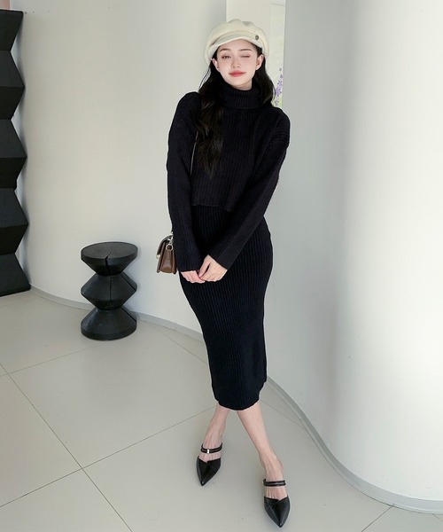 セール】【Jasmine】タートルネックトップス＋ニットワンピース