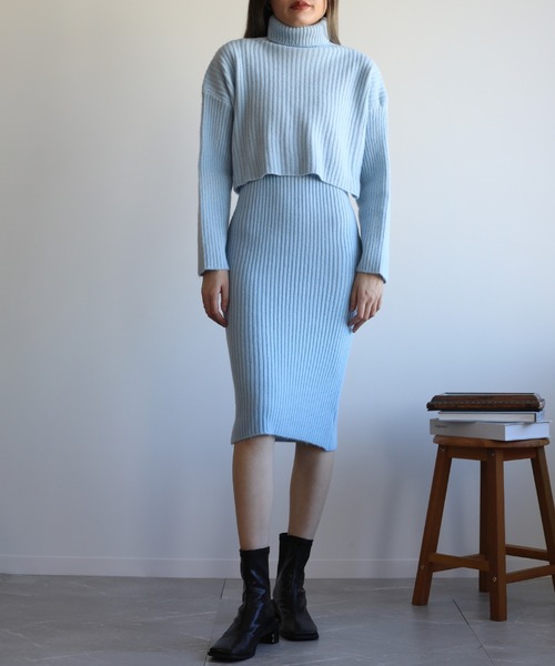 タートルネックニットワンピース セール】【Jasmine】タートルネックトップス＋ニットワンピース