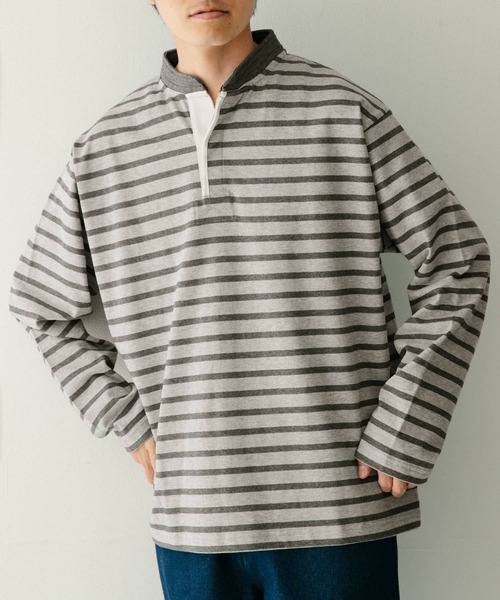 ITEMS URBANRESEARCH(アイテムズ アーバンリサーチ)の「コットンボーダー スタンドネックカットソー(Tシャツ/カットソー・メンズ・ホワイト系その他/グレー系その他/ブルー系その他・MEDIUM/LARGE)」の1枚目の写真