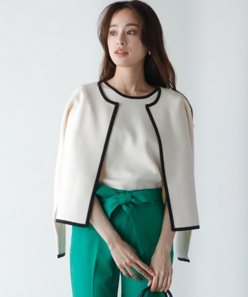 M.deux（エムドゥ）の「バイカラーカーディガン（カーディガン/ボレロ・レディース・ブラック/ベージュ/レッド/イエロー/オフホワイト・MEDIUM）」の2枚目の写真