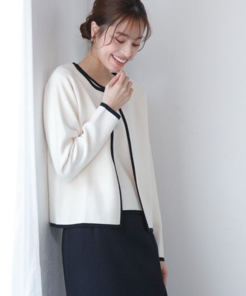 M.deux（エムドゥ）の「バイカラーカーディガン（カーディガン/ボレロ・レディース・ブラック/ベージュ/レッド/イエロー/オフホワイト・MEDIUM）」の6枚目の写真