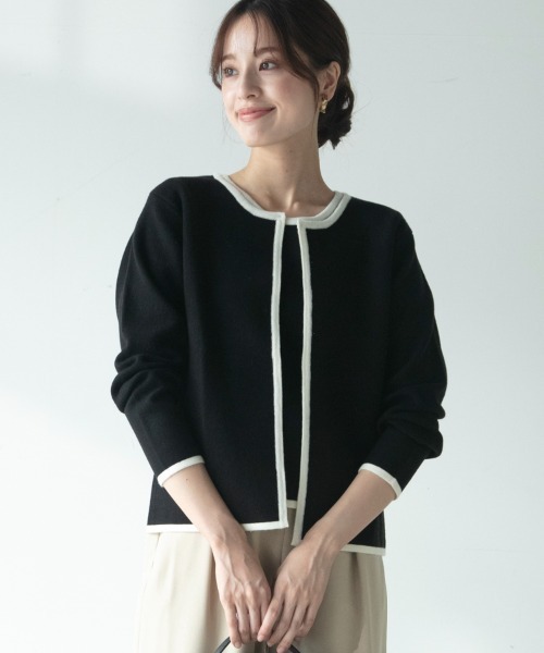 M.deux（エムドゥ）の「バイカラーカーディガン（カーディガン/ボレロ・レディース・ブラック/ベージュ/レッド/イエロー/オフホワイト・MEDIUM）」の8枚目の写真