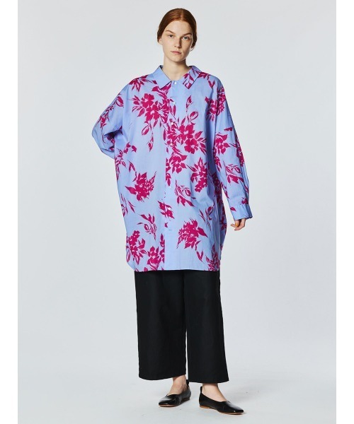 mizuiro ind◆長袖シャツ/--/コットン/BLU/花柄/フラワープリントワイドシャツ mizuiroind ミズイロインド mizuiro ind フラワープリントハーフ