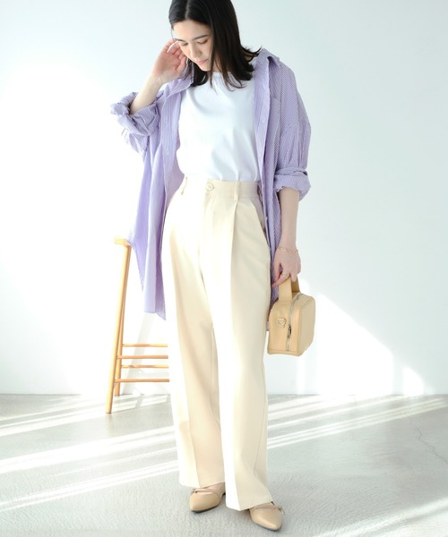 Chaco closet（チャコ クローゼット）の「ダブルクロスセンタープレスタックワイドスラックスパンツ（スラックス・レディース・オレンジ/ミント/ネイビー/ベージュ/アイボリー/ブラック/杢グレー・S/M/L）」の8枚目の写真