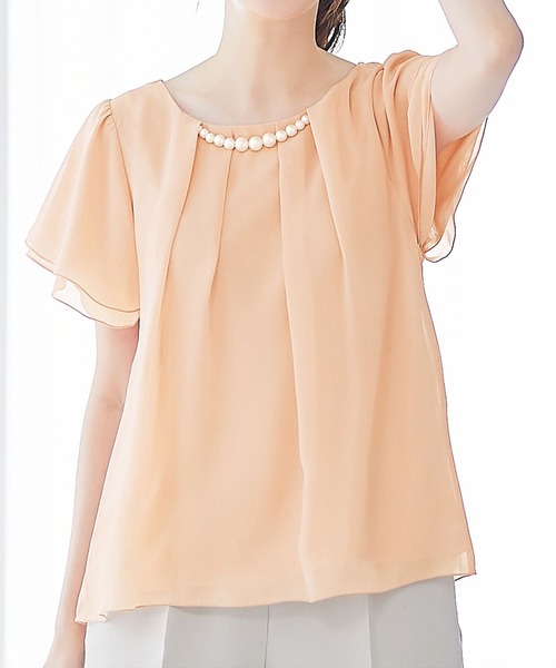 alotta(アロッタ)の「2WAYシフォンタックブラウス(半袖)(シャツ/ブラウス・レディース・オレンジ系その他/オフホワイト/グリーン/ネイビー/ライトグレー/グレイッシュブルー/ブラック/レディッシュグレー/ラベンダー・XXX-LARGE/LARGE/XX-LARGE/MEDIUM/SMALL/XXXX-LARGE/X-LARGE)」の9枚目の写真