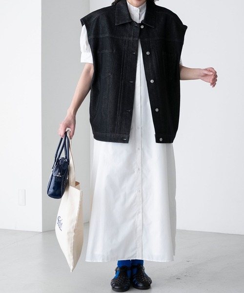 BONLECILL（ボンルシール）の「パフスリーブ バンドカラーマルチストライプロングシャツワンピース（シャツワンピース・レディース・ネイビー/オフホワイト/ブルー/ブラック・FREE）」の9枚目の写真