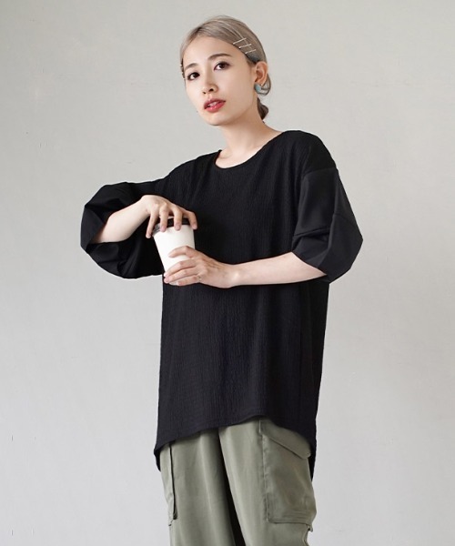 e-zakkamania stores(イーザッカマニアストアーズ)の「ボリュームスリーブ シボ加工プルオーバー(Tシャツ/カットソー・レディース・オフホワイト/ブラック・M)」の5枚目の写真