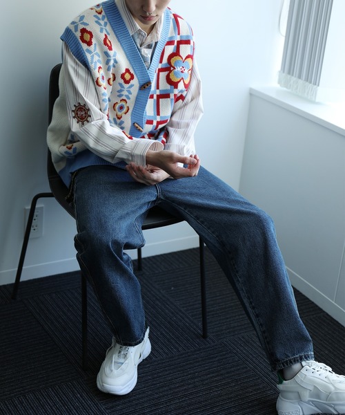 HOOK（フック）の「HOOK -original-　レトロ調花/チェック柄アシンメトリー前開きニットベスト（ベスト・メンズ・ライトベージュ/ブラック・M/L/XL）」の14枚目の写真