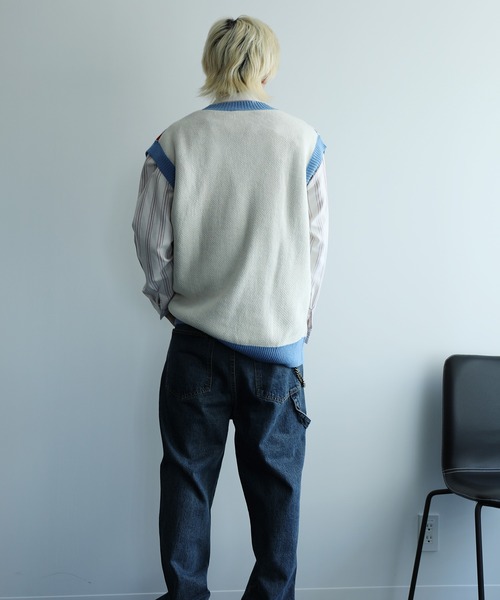 HOOK（フック）の「HOOK -original-　レトロ調花/チェック柄アシンメトリー前開きニットベスト（ベスト・メンズ・ライトベージュ/ブラック・M/L/XL）」の18枚目の写真