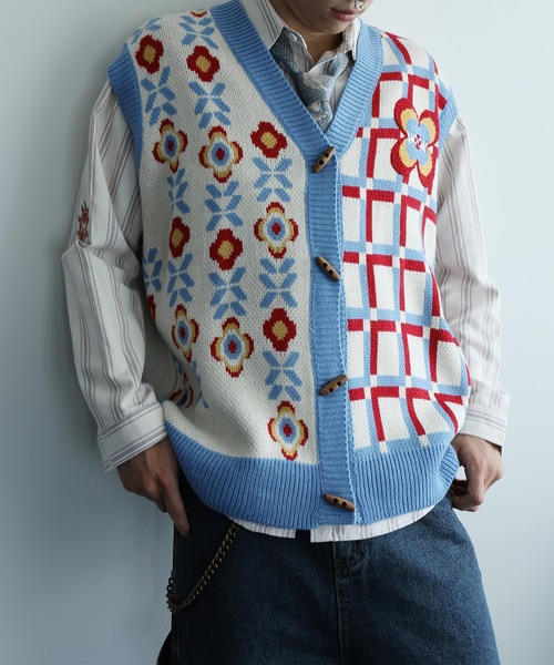 HOOK（フック）の「HOOK -original-　レトロ調花/チェック柄アシンメトリー前開きニットベスト（ベスト・メンズ・ライトベージュ/ブラック・M/L/XL）」の21枚目の写真