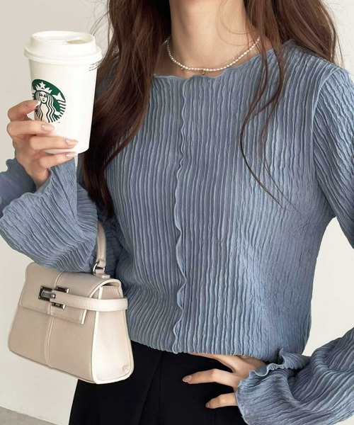 GeeRA（ジーラ）の「【新色追加】前後２wayジャガードフレアスリーブカットソー（Tシャツ/カットソー・レディース・アイボリー/ブラック/モカ/ブルー/ライトグレー/グレイッシュベージュ・LARGE/X-LARGE/SMALL/MEDIUM）」の6枚目の写真