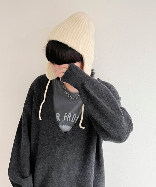 fredy emue（フレディエミュ）の「もちふわニットパイロットワッチ（ニットキャップ/ビーニー・レディース・ブラック/アイボリー/ラベンダー・FREE）」の2枚目の写真