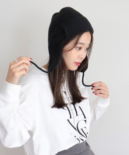 fredy emue（フレディエミュ）の「もちふわニットパイロットワッチ（ニットキャップ/ビーニー・レディース・ブラック/アイボリー/ラベンダー・FREE）」の3枚目の写真