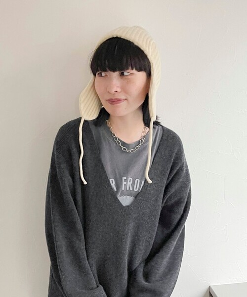 fredy emue（フレディエミュ）の「もちふわニットパイロットワッチ（ニットキャップ/ビーニー・レディース・ブラック/アイボリー/ラベンダー・FREE）」の4枚目の写真