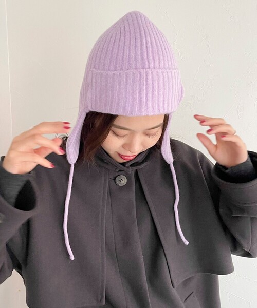 fredy emue（フレディエミュ）の「もちふわニットパイロットワッチ（ニットキャップ/ビーニー・レディース・ブラック/アイボリー/ラベンダー・FREE）」の5枚目の写真