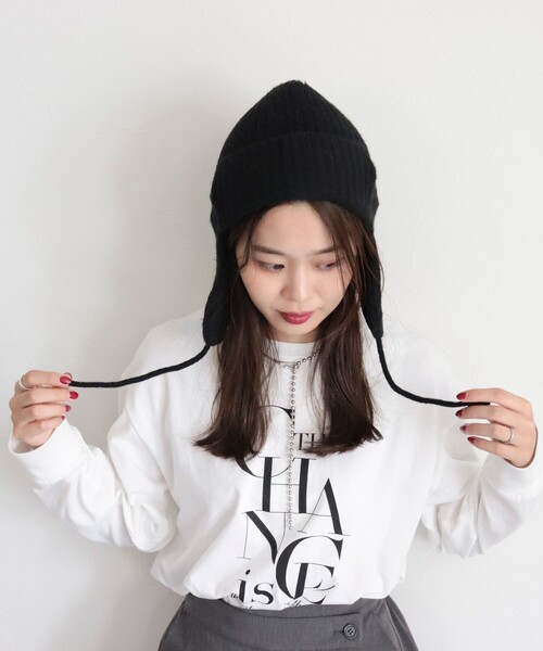 fredy emue（フレディエミュ）の「もちふわニットパイロットワッチ（ニットキャップ/ビーニー・レディース・ブラック/アイボリー/ラベンダー・FREE）」の8枚目の写真