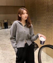 ダブルジップクロップドニットパーカー