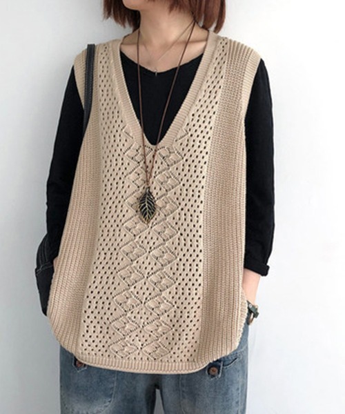 Miniministore(ミニミニストア)の「ニットベスト レディース ニットジレ秋冬(ベスト・レディース・ライトベージュ/ブラック/ブルー/レンガ/ダークグレー/ベージュ/ダークブラウン・フリー)」の5枚目の写真