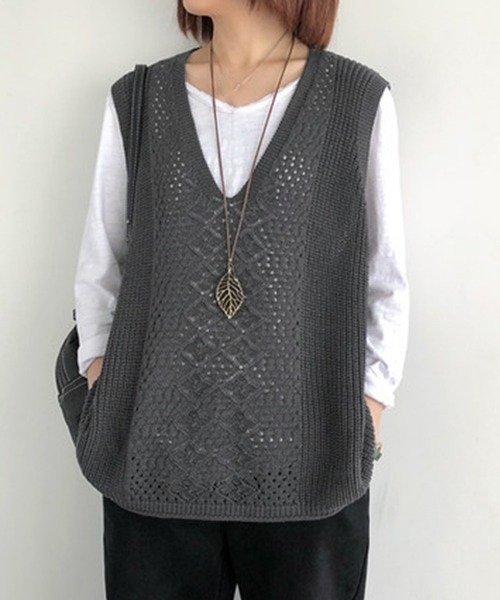 Miniministore(ミニミニストア)の「ニットベスト レディース ニットジレ秋冬(ベスト・レディース・ライトベージュ/ブラック/ブルー/レンガ/ダークグレー/ベージュ/ダークブラウン・フリー)」の3枚目の写真