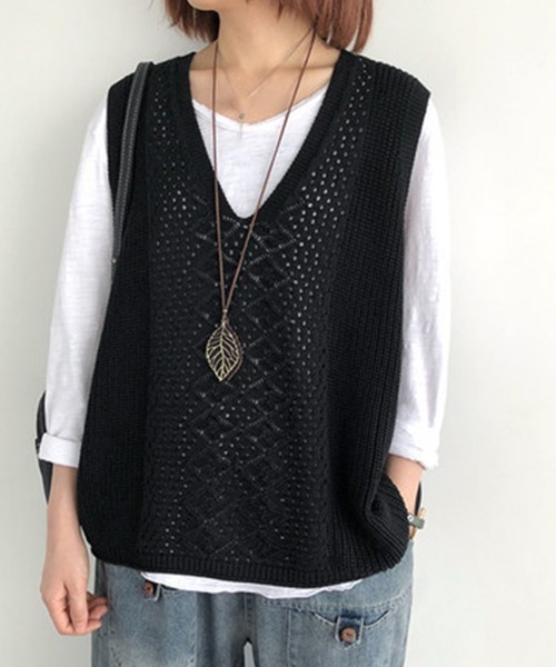 Miniministore(ミニミニストア)の「ニットベスト レディース ニットジレ秋冬(ベスト・レディース・ライトベージュ/ブラック/ブルー/レンガ/ダークグレー/ベージュ/ダークブラウン・フリー)」の2枚目の写真
