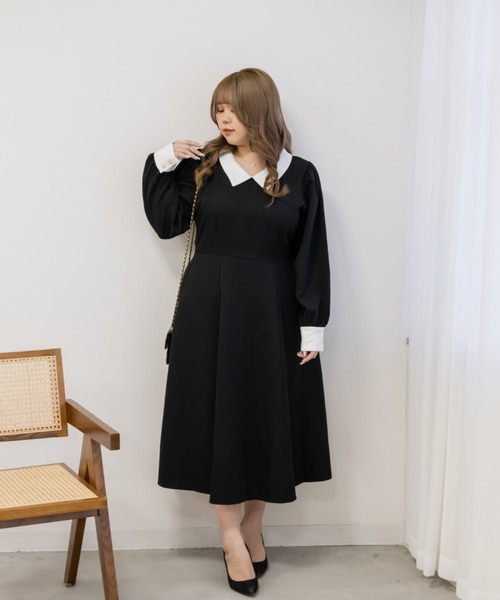 CLETTE(クレット)の「配色襟ワンピース(ワンピース・レディース・パープル/ブラック・LL/3L/4L)」の7枚目の写真