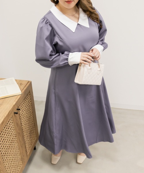 CLETTE(クレット)の「配色襟ワンピース(ワンピース・レディース・パープル/ブラック・LL/3L/4L)」の6枚目の写真